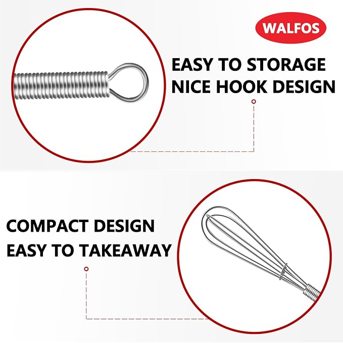 Walfos Long Small Whisks Skinny Little Whisk 10 inch Tiny Mini Whisk With Long Handle for Mixing Sauces, Coffee, Cooking,Beating, Blending Ingredients,