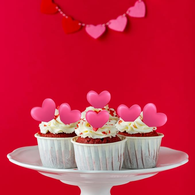 44PCS Edible Valentines Day 3d Heart Cupcake Toppers Rose Pink Heart Cupcake Picks Happy Valentine's Day Heart Cake Decor for Valentine's Day Theme Party Decoration Supplies