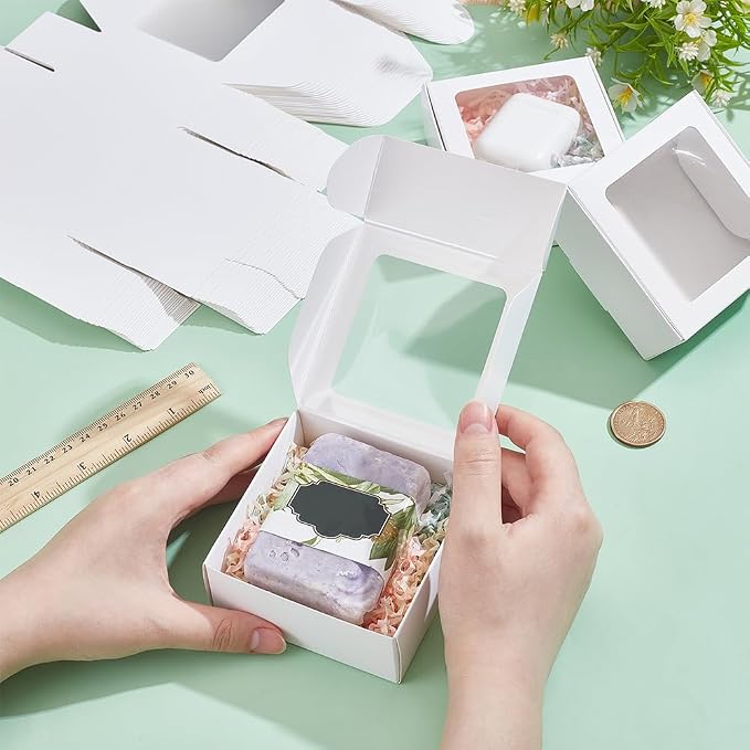 BENECREAT 30pcs Square White Paper Boxes, Gift Boxes with Clear PVC Window for Wedding Gift, Chocolates, Cookies and Other Small Crafts, 3.6x3.6x1.57 Inch