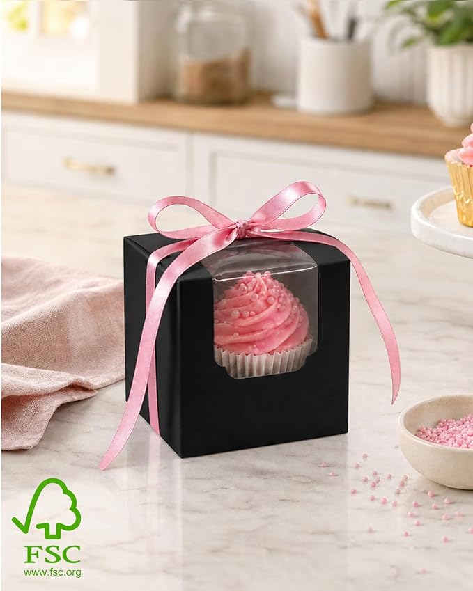 Bakepacker Auto-pop up Cupcake Boxes 100-Packs Individual Cupcake Container Black 3.5" x 3.5" x 3.5" Single Cupcake Boxes