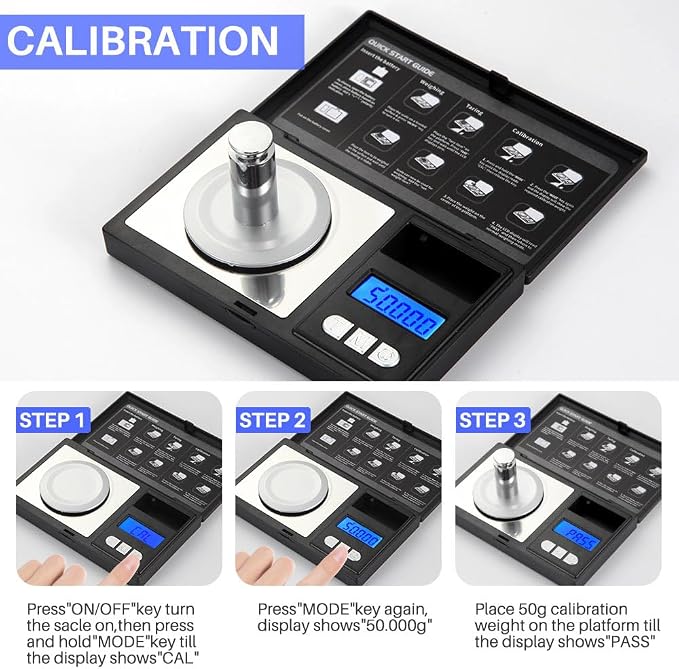 THINKSCALE Milligram Scale 50g x 0.001g, Powder Scale 0.001g Accuracy | Micro Scale for Weighing Powders & Jewelry, 50g Calibration Weight for Mg Scale, 6 Units, Tare, LCD Display