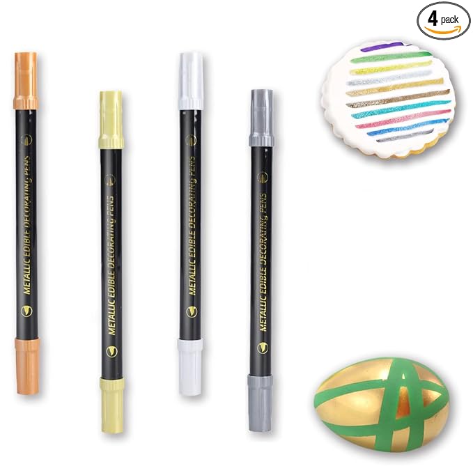 ZJSJSP Edible Metallic Markers,Food Shimmering Color Pen,Fine and Thick Tip Food Upgrade for Cookies/Cakes/Fondant/Baking Decorating/Drawing(4PCS) (Gold, Silver, Rose Gold, Black, 4PCS)
