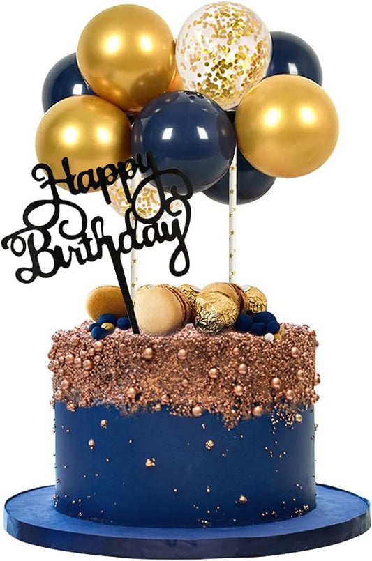 BEISHIDA Happy Birthday Cupcake Toppers - Navy Gold Mini Balloon Cloud Birthday Cake Decorations for Boys Men Party Decorations