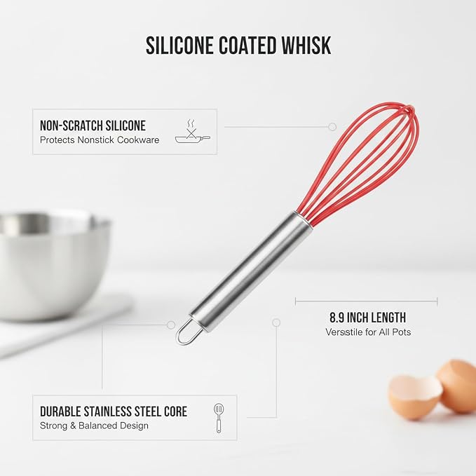 Silicone Coated Whisk for Nonstick Cookware, Stainless Steel Mixing Tool for Sauces Eggs and Batters, 8.9 Inch Kitchen Utensil (1 PC)