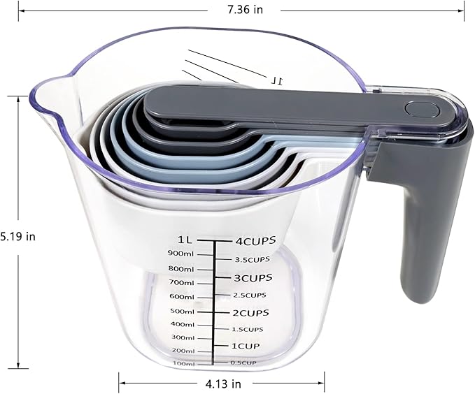 18 Pieces Measuring Cups and Spoons set, Includes 10 Stackable Measuring Cup with Lid and 8 Magnetic Measuring Spoons, for Liquid and Dry Ingredient, BPA Free (White)