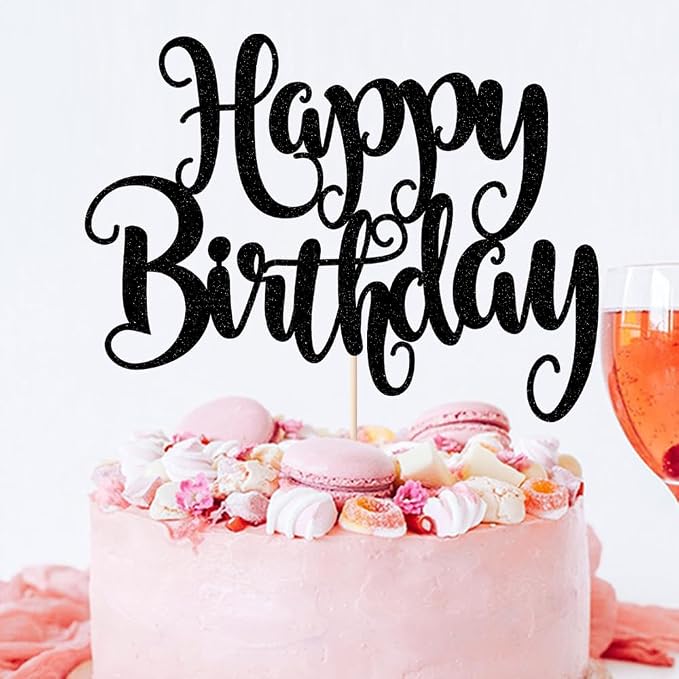 Happy Birthday Cake Topper- Glitter Happy Birthday Cake Decor, Handmade Anniversary/Birthday Party Supplies (Black)