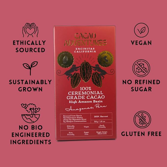 Cacao Adventures - 100% Pure Ceremonial Grade Cacao Bar | Wild Strains | Ethically Sourced Sustainably Grown | (1.76 oz - Pack of 3)