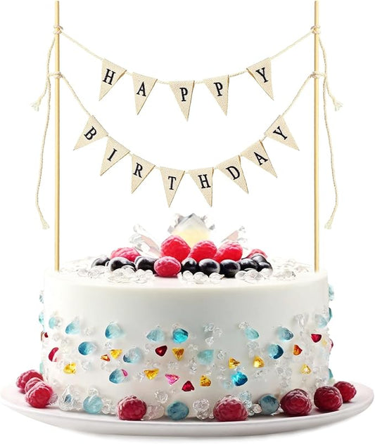 Happy Birthday Cake Toppers Bunting Happy Birthday Cake Banner Garland | Happy Birthday Sign For Cake Decoration Happy Birthday Topper For Bouquet With Wood Pole Beige
