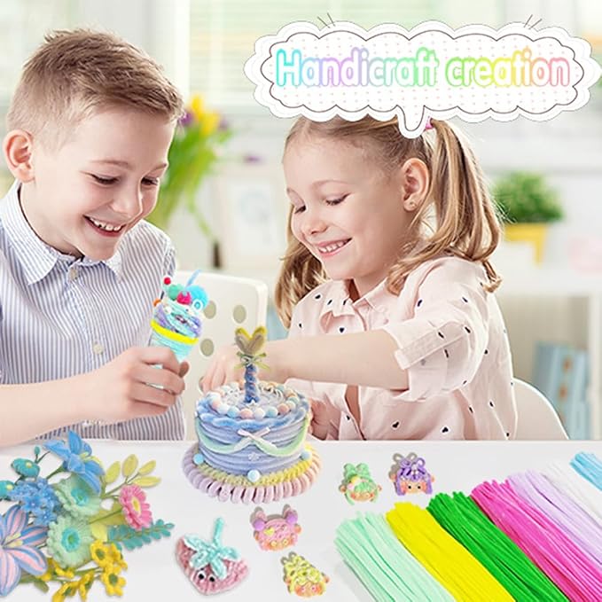 AHAMETON 720Pcs Pastel Pipe Cleaner Flower Kit, 7 Colors Bulk Pipe Cleaners Craft Supplies with Wires, Stamens, Ribbon, Tapes, Card, DIY Flower Making for Party Home Decor, Gifts School Crafts