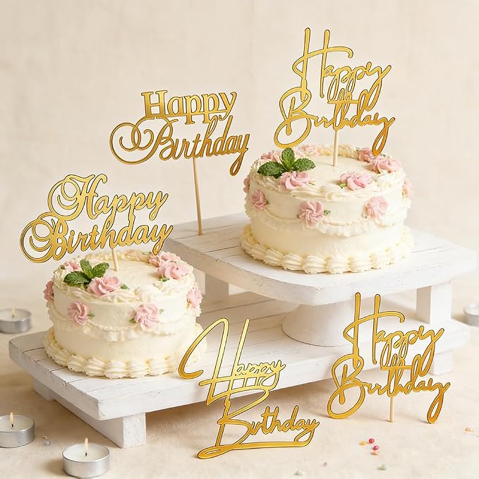 5Pcs Gold Acrylic Happy Birthday Cake Toppers Happy Birthday Sign for Cake Topper Decoration Supplies Party Celebration Toppers for Cakes Side Inserts Mirror Acrylic Glitter Cupcake Dessert Topper