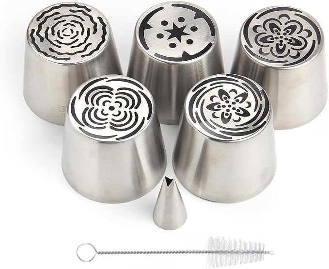 7 Pieces Stainless Steel Extra Large Russian Tulip Icing Tips Set, 5 XXL Russian Flower Piping Nozzles,1 Cleaning Brush,1 Small Leaf Tip for Cake Decorations,Flower Frosting Nozzles for Decorating