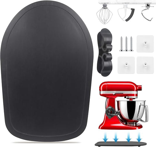 Sliding Mat for Kitchen aid 4.5-5 Qt Stand Mixer with 1Pc Cord Organizer and 3Pcs Attachment Holder for Kitchen Appliance Slider Counter, Moving Tray (Pine Wood, Black)