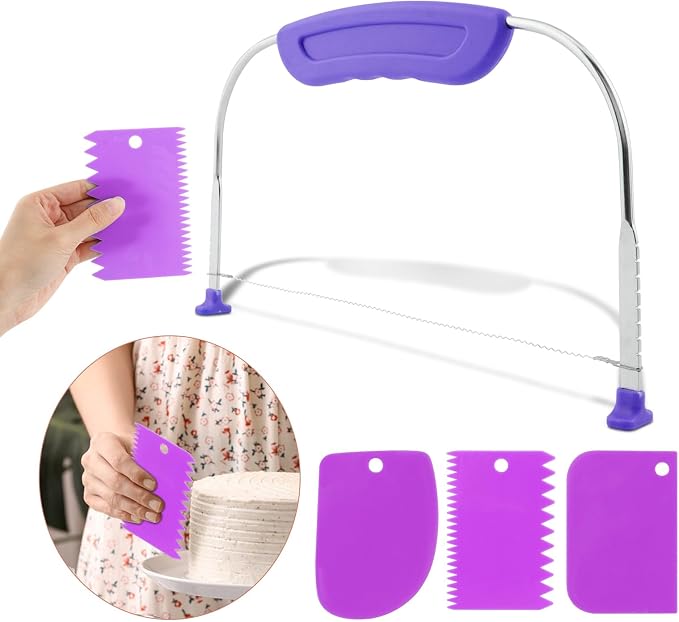 Adjustable Cake Leveler Cutter With 3PCS Cake Scrapers Set,Baking Supplies Tool for Kitchen,Large Size Cake-Cutter Slicer for Leveling,Single Stainless Steel Wire & Plastic Handle(COLOR:Purple)