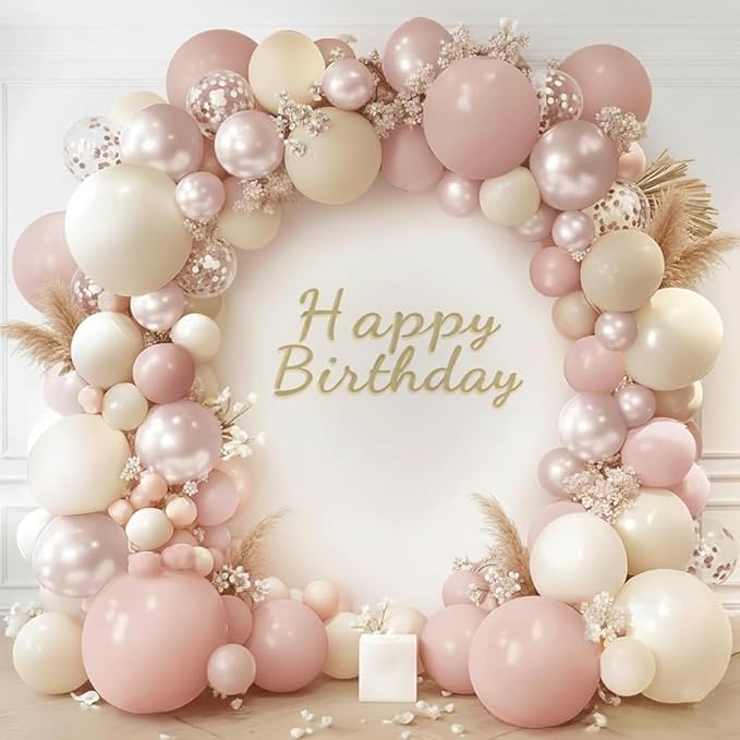 Boho Dusty Pink Balloon Arch Garland Kit 153pcs, Double Stuffed White Pearl Balloon Blush Neutral Pink Balloons Arch Kit for Birthday Wedding Bridal Baby Shower Gender Reveal Party Decoration