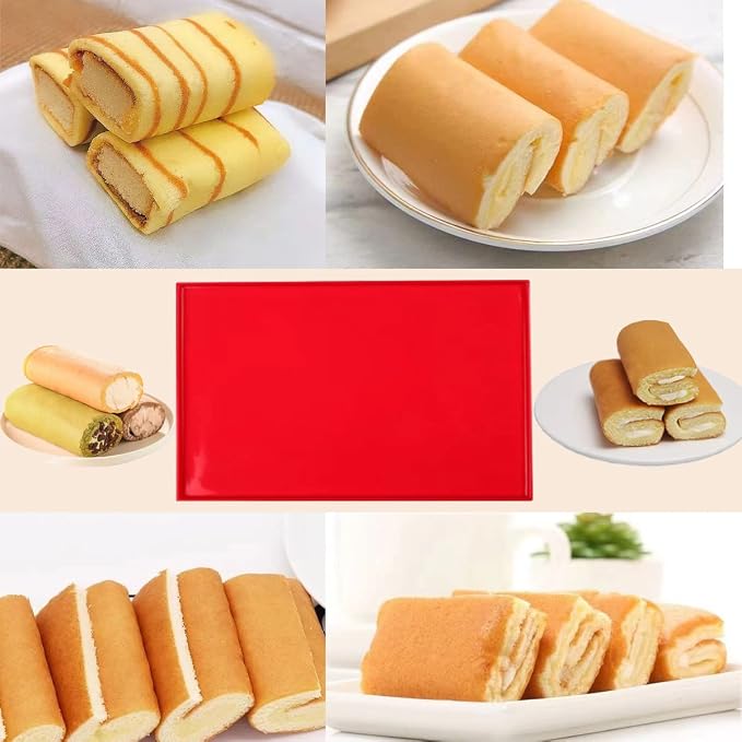 Silicone Swiss Roll Cake Mat - 2Pcs Silicone Baking Mat, Jelly Roll Pan, Non-Stick Silicone Mat with Lip, Easy to Clean Silicone Pastry Mat, Great for Swiss Roll, Pastry, Jelly, Cookies (Red)