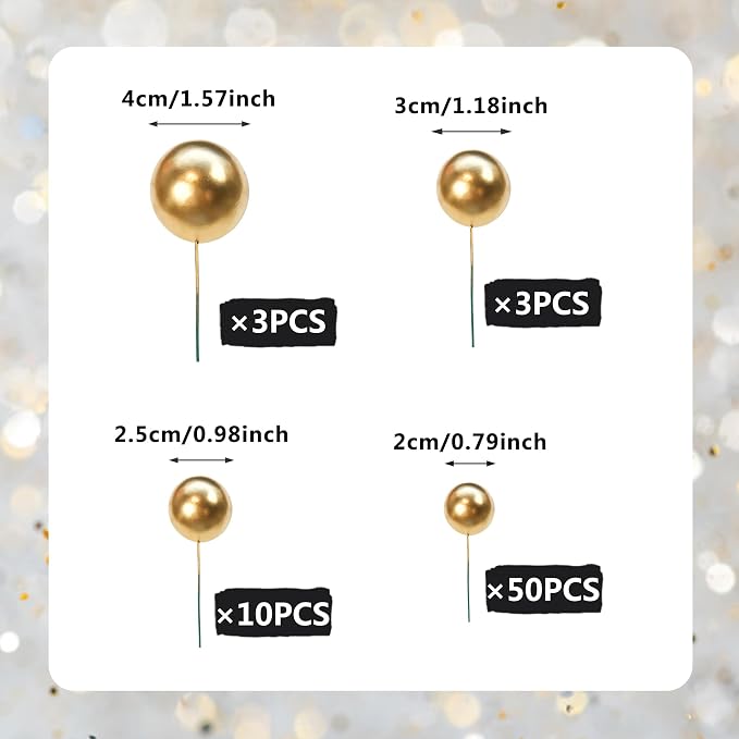 66 PCS Ball Cake Picks Gold 4 Sizes for DIY Baking Decoration Cupcake Toppers and Wedding Anniversary Birthday