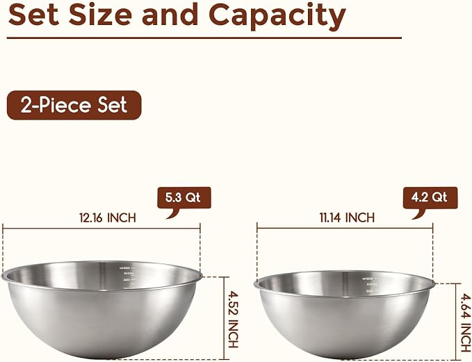 Gronivex 304 Stainless Steel Mixing Bowls, 2-Piece (4.2 & 5.3 Qt) | Thicker-Gauge, Food-Grade Metal, Stackable & Space-Saving – Extra-Large for Bread Dough, Whole Chicken & Big-Batch Cooking