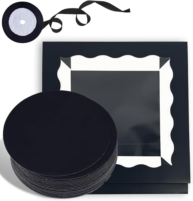Bakepacker 12x12x8 Cake Box, 18 Sets Black Cake Box with Window ＆ 18 Sets 12" Cake Round Boards, 12inch Cake Containers, 10 Meters Silk Ribbon