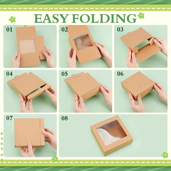 BENECREAT 16Packs 5.5x5.5x2inch Clear PVC Square Window Gift Boxes, Brown Kraft Paper Present Boxes for Wedding Gift, Chocolates, Cookies and Other Small Crafts