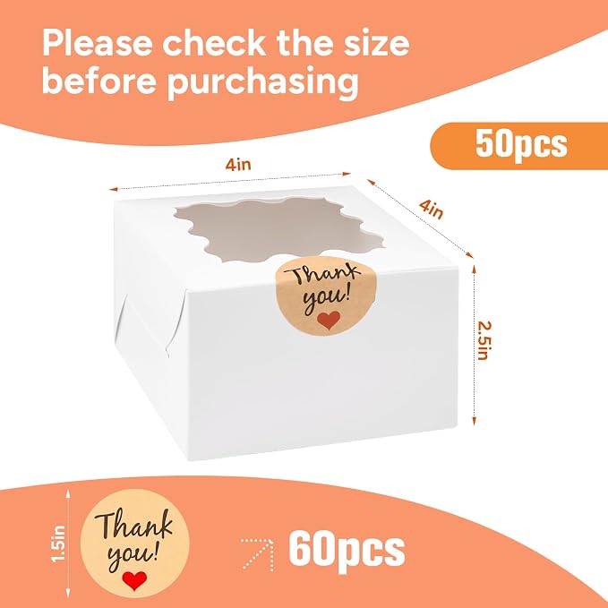 50Pcs Cookie Boxes with Window, 4×4×2.5 Inches White Paper Treat Boxes for Bakery Dessert Pastry Mini Cake Favor Donut Baked Goods (with Stickers)