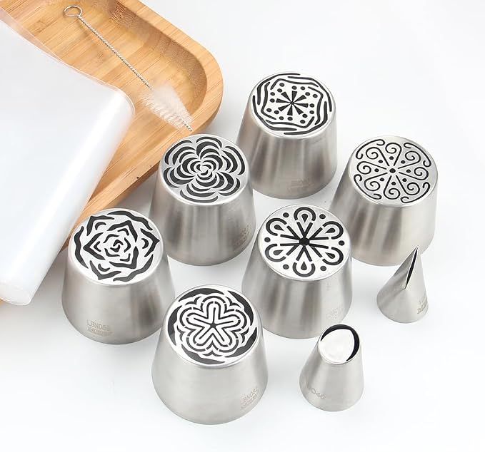 6 Pcs Stainless Steel Extra Large Russian Tulip Icing Tips Kit, Frosting Flower Piping Tips, 6 Russian Icing Tips,2 Cake Decorating Nozzles,1 Cleaning Brush,10 Disposable Pastry Bags for Baking