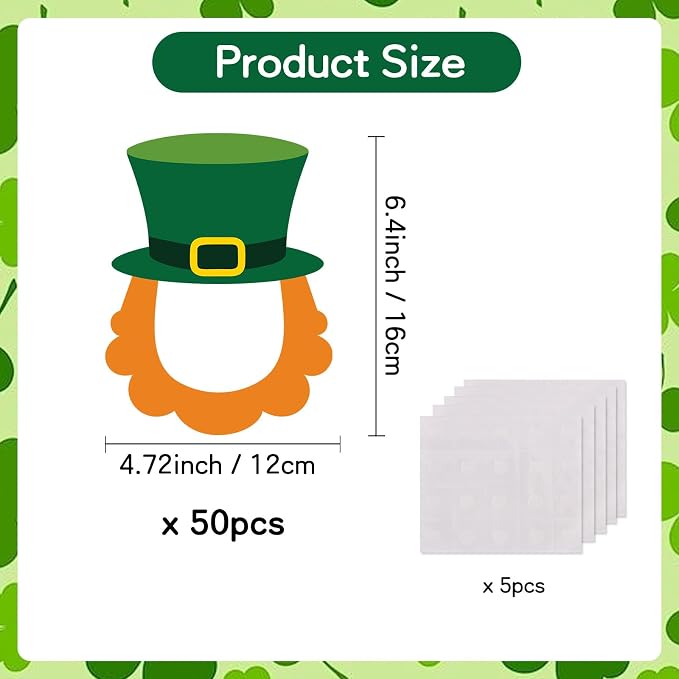 Vuzvuv 50Pcs Saint Patrick's Day Shamrock Festival DIY Hat Cutouts Paper with 100Pcs Glue Points for Wall Bulletin Board Decorations or Theme Party or Classroom Decor Supplies