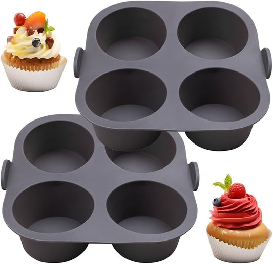 2 Pcs Silicone Muffin Tray for Air Fryer, 8-Cups Nonstick Muffin Pans with Carrying Handle, Silicone Cake Pans for Baking Cupcakes Pudding Dessert Quiches Tart, Grey