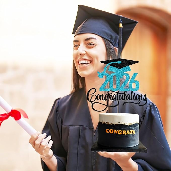 Black blue Glitter 2026 Congratulations Graduation Cake Topper,Congrats Grad Cake Decor - 2026 High School/College/Senior Graduation Party Decorations Supplies
