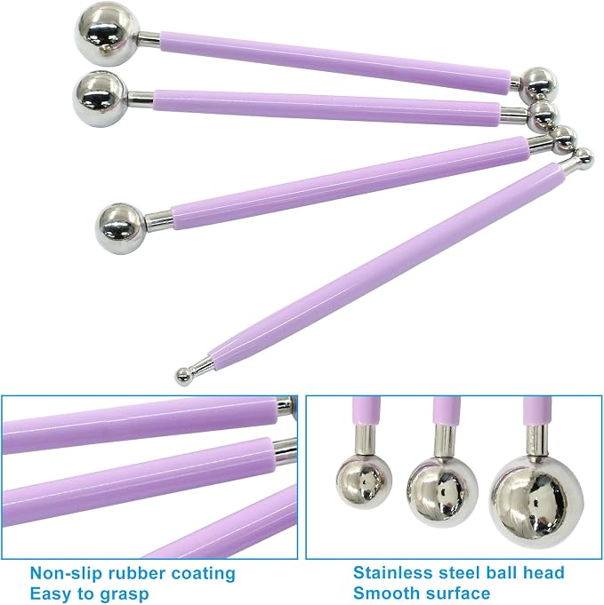 4Pcs Metal ball Fondant Tool Stainless Steel Modelling Ball Tools Set DIY Cake Decorating Tool for Sculpting and Shaping (Purple)