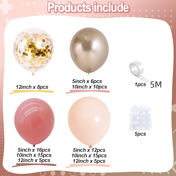 Dusty Blush Pink and Gold Balloon Arch Kit, Cream Rose Pink Balloon Garland Kit with Metallic Champagne Gold and Confetti Balloons, Beige Boho White Balloons for Wedding Bridal Birthday Decorations