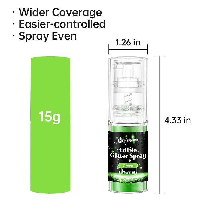 Green Edible Glitter Spray - 15g Food Grade Green Luster Dust Shimmer Powder Spray for Christmas Holiday Baking, Cakes, Cookies, Chocolate, Strawberries, Drinks & Cocktails