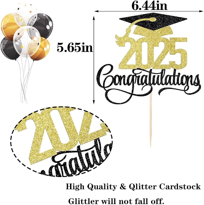 Black Gold Glitter 2025 Congratulations Graduation Cake Topper,Congrats Grad Cake Decor - 2025 High School/College/Senior Graduation Party Decorations Supplies