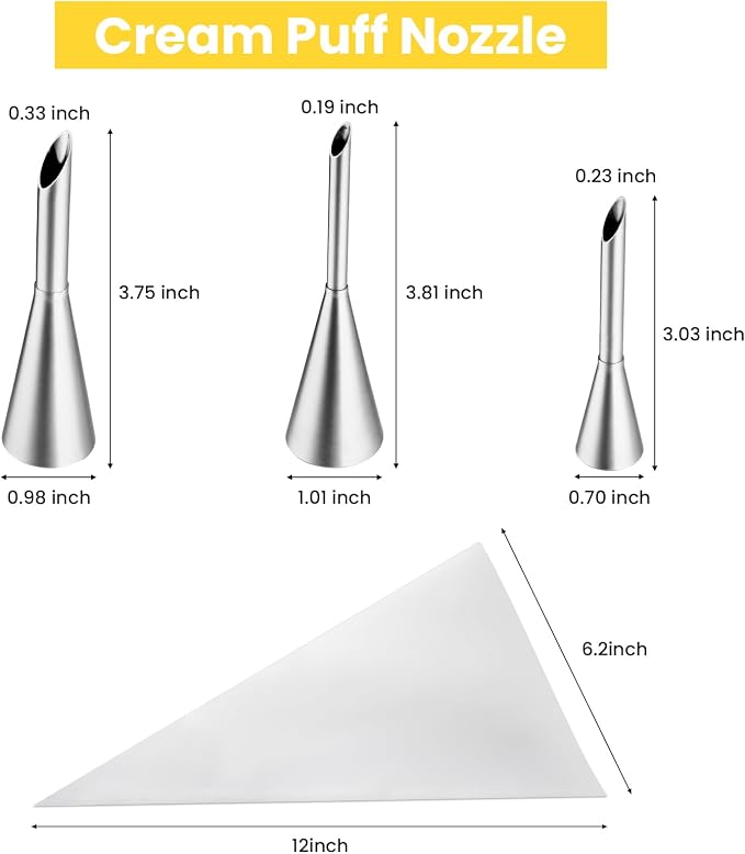 Kasmoire 3Pcs Cream Icing Piping Nozzle Tips,Stainless Steel Long Puff Nozzle Tip With 10Pcs Disposable Piping Bags,Puff Pastry Filling Cake Decorating Tools