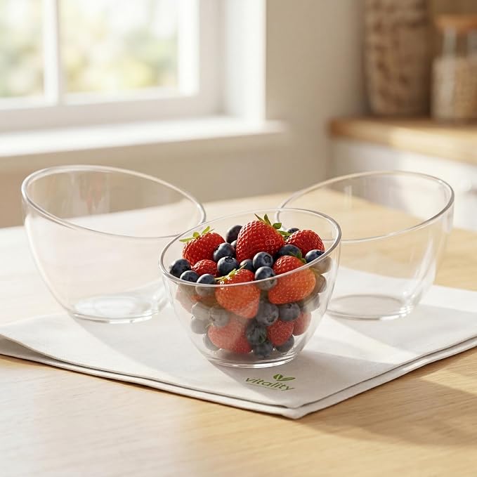 Lyellfe 3 Pack Angled Plastic Bowls, Thick Acrylic Salad Serving Bowl, Clear Candy Snack Bowls for Parties, Chips, Fruit, Prep, Assorted Sizes