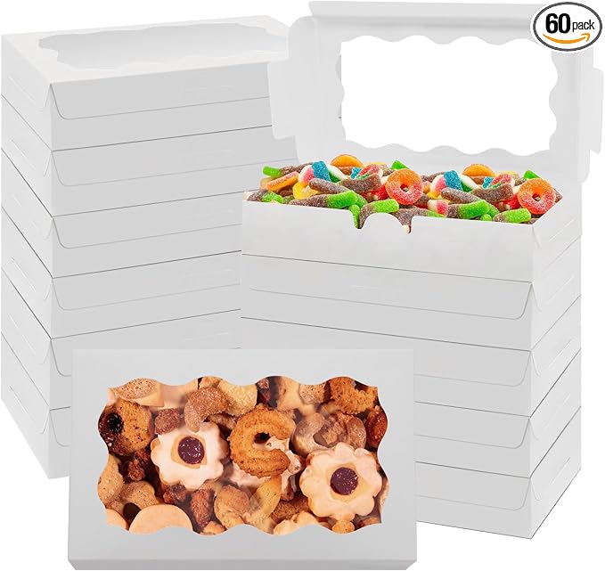 60 Pack 7 x 4 3/8 x 1½ Inch Cookie Boxes with Clear Window Small White Cookie Boxes Bakery Treat Boxes for Dessert, Donuts, Pie, Candy, Macaron