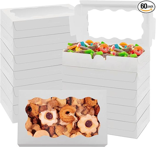 60 Pack 7 x 4 3/8 x 1½ Inch Cookie Boxes with Clear Window Small White Cookie Boxes Bakery Treat Boxes for Dessert, Donuts, Pie, Candy, Macaron
