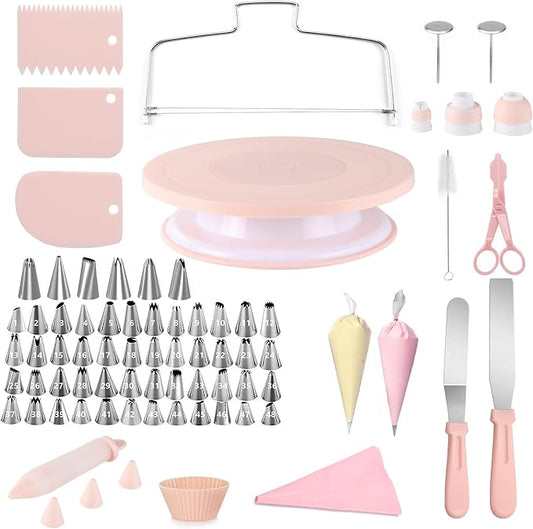 107PCS Cake Decorating Kit Includes Revolving cake turntable for decorating, Icing Bags and Tips Set, 2 Spatulas, 3 Cake Scraper, 25 Piping Bags, frosting piping kit, and 3 Coupler for Baking
