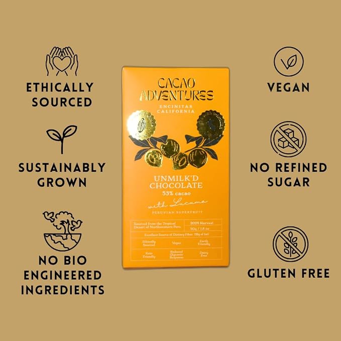 Cacao Adventures - Plant based milk chocolate | Unmilk'd Chocolate Bar with Lucuma | Dairy Free Milk Chocolate | Ceremonial Grade Cacao | Natural | Ethically Sourced Sustainably Grown | (1.76 oz - Pack of 10)