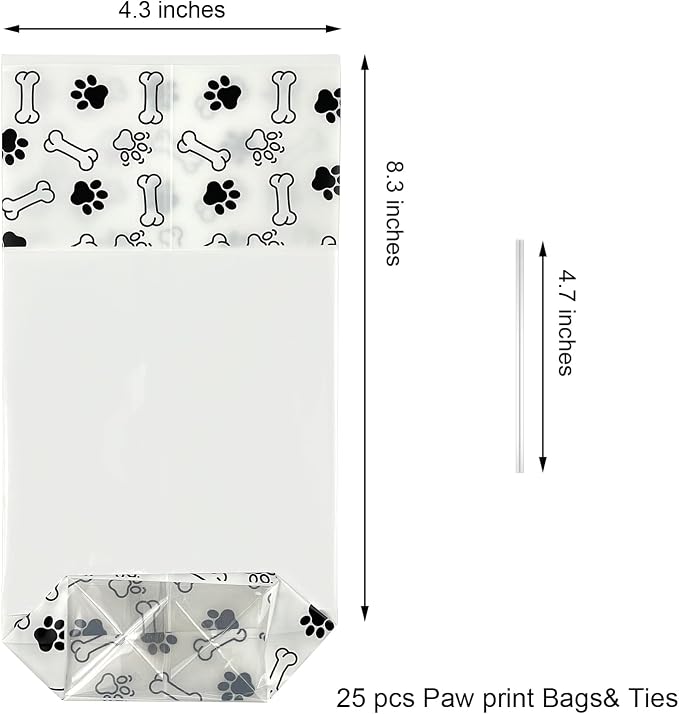 EKAPACKAGING 25 Pack 4.3x8.3 Inch Clear Paw Print Dog Treat Bags with Twist Ties Flat Bottom Cellophane Goodie Bags for Pet Party Favors Birthday Gifts Retail Packaging Homemade Treats