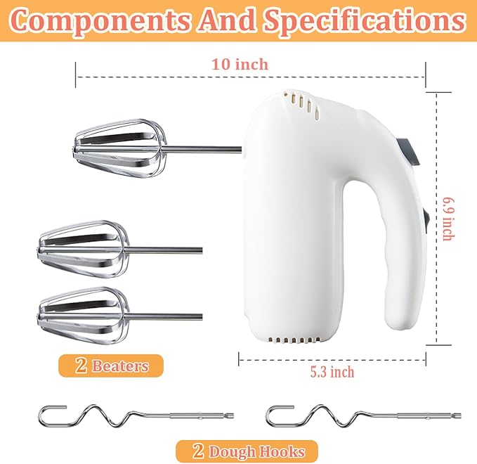 300W Hand Mixer Electric Handheld, 5 Speed Lightweight Kitchen Blender, Turbo Boost/Self-Control Speed Hand Held Beater Mixer with 4 Stainless Steel Whisks for Baking Cakes Eggs Cream, White