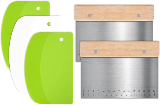 5 Pcs Bench Scraper, Bench Scraper Kitchen 2 Pcs Stainless Steel Dough Scraper with Wood Handle and 3 Pcs PP Food Scraper with Hanging Hole, Multipurpose Bread Dough Cutter for Baking-Green
