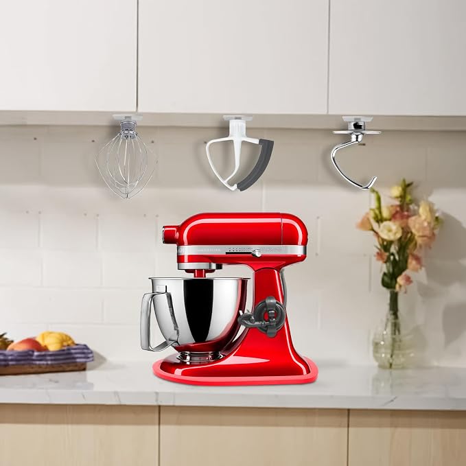 Sliding Mat for Kitchen aid 4.5-5 Qt Stand Mixer with 1Pc Cord Organizer and 3Pcs Attachment Holder for Kitchen Appliance Slider (4.5-5 Qt Bamboo and Attachment, Red)