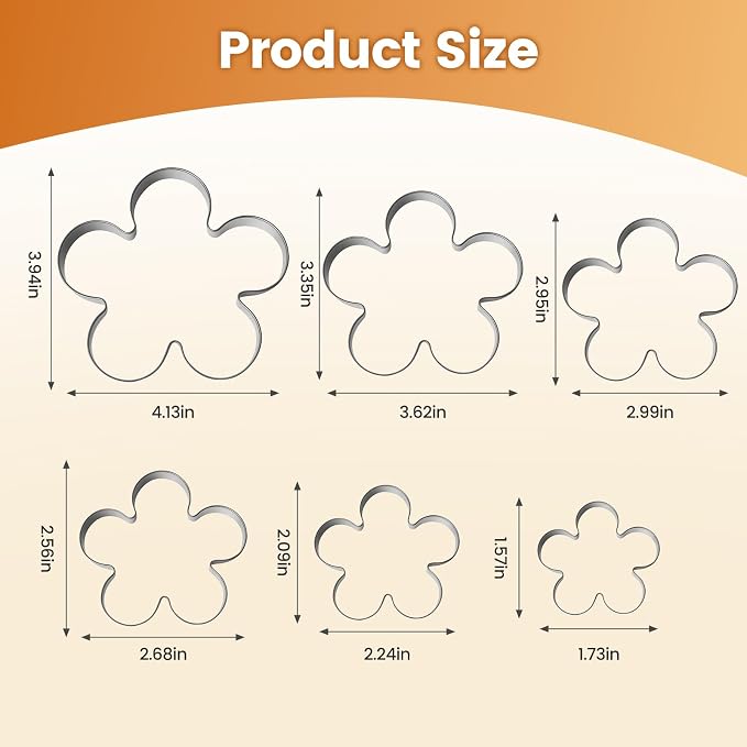 Flower Cookie Cutter Set for Kids Lunch, 6 Sizes (4", 3.5", 3.0", 2.5", 2", 1.6") Food-Grade Fondant/Sugar/Fruit/Sandwich/Vegetable/Biscuit Cutters for Baking (Allow Dishwasher)