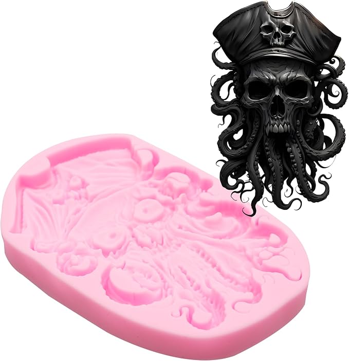 Skull Pirate Silicone Mold, Halloween Cupcake Topper Fondant Mold Skeleton Head Chocolate Molds Octopus Skull Pirate Molds for Cake Decoration Candy Polymer Clay Crafts Epoxy Resin