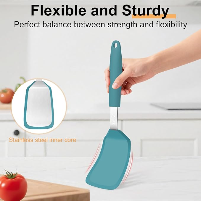Beijiyi Silicone Spatula Turner, 600°F Heat Resistant, 13 x 3.2 in (Blue) | BPA Free, Non-Toxic, Flexible Turner, Non Scratch for Non Stick Frying Pan, Flipping, Cooking, Dishwasher Safe