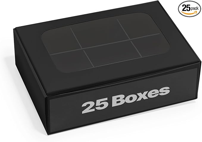 25 pcs Black Mini Truffle Box for 6 treats with Window and Dividers, Bakery Boxes, 5 x 3.5 x 1.57 Inches VERY SMALL Baking Boxes, Square Truffles Box Decorating Supplies for Gift Giving