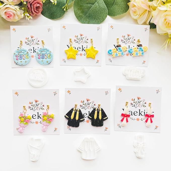 Graduation Polymer Clay Cutters & Stamps Set - 19pcs 0-9 Numbers, GARD/2026 Seals, Owl, Cap, Gown, Balloon for DIY Earring Jewelry, Soft Clay Crafts & Class Party Supplies