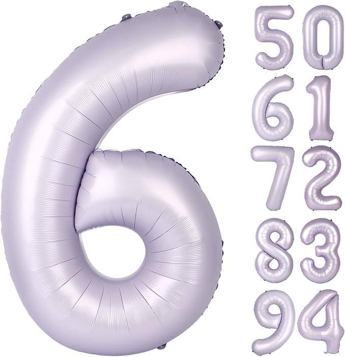 Lilac 6 Balloon, Number Balloons 40 Inch, 6th Balloons for Birthday Decorations, Lavender Party Supplies 6 Birthday Balloon, Number 6 Balloon