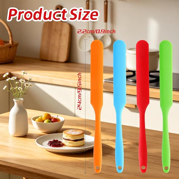 4 Pcs Silicone Jar Spatula, Long Handle Skinny Spatula Scraper for Jars & Bottles, Heat Resistant Small Spatulas Set for Kitchen Baking Sourdough Cake Makeup Essentials, Green+Red+Orange+Blue