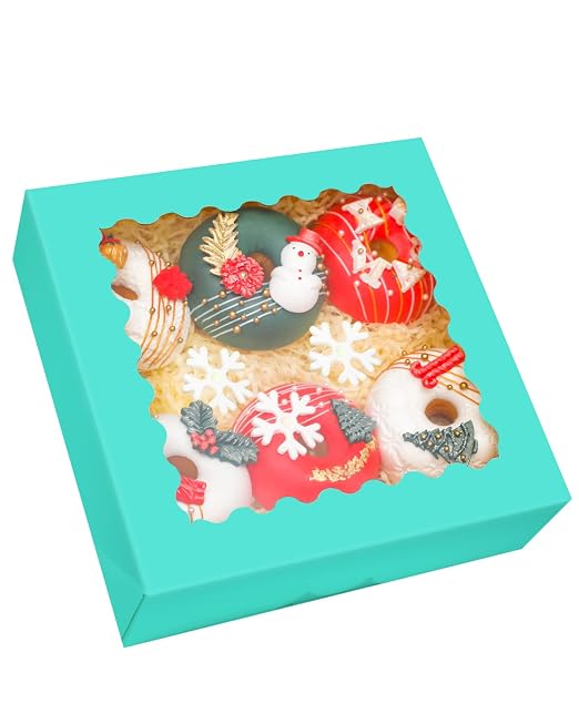 qiqee Mint Blue Pastry Box With Window 8x8x2.5 inch Donut Pie Boxes 30pcs Bakery Box Auto-pop up
